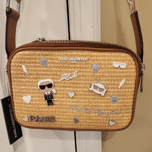 Karl Lagerfeld Brown Leather and Woven Crossbody Bag W Charms & Guitar Strap NWT - Picture 3 of 11